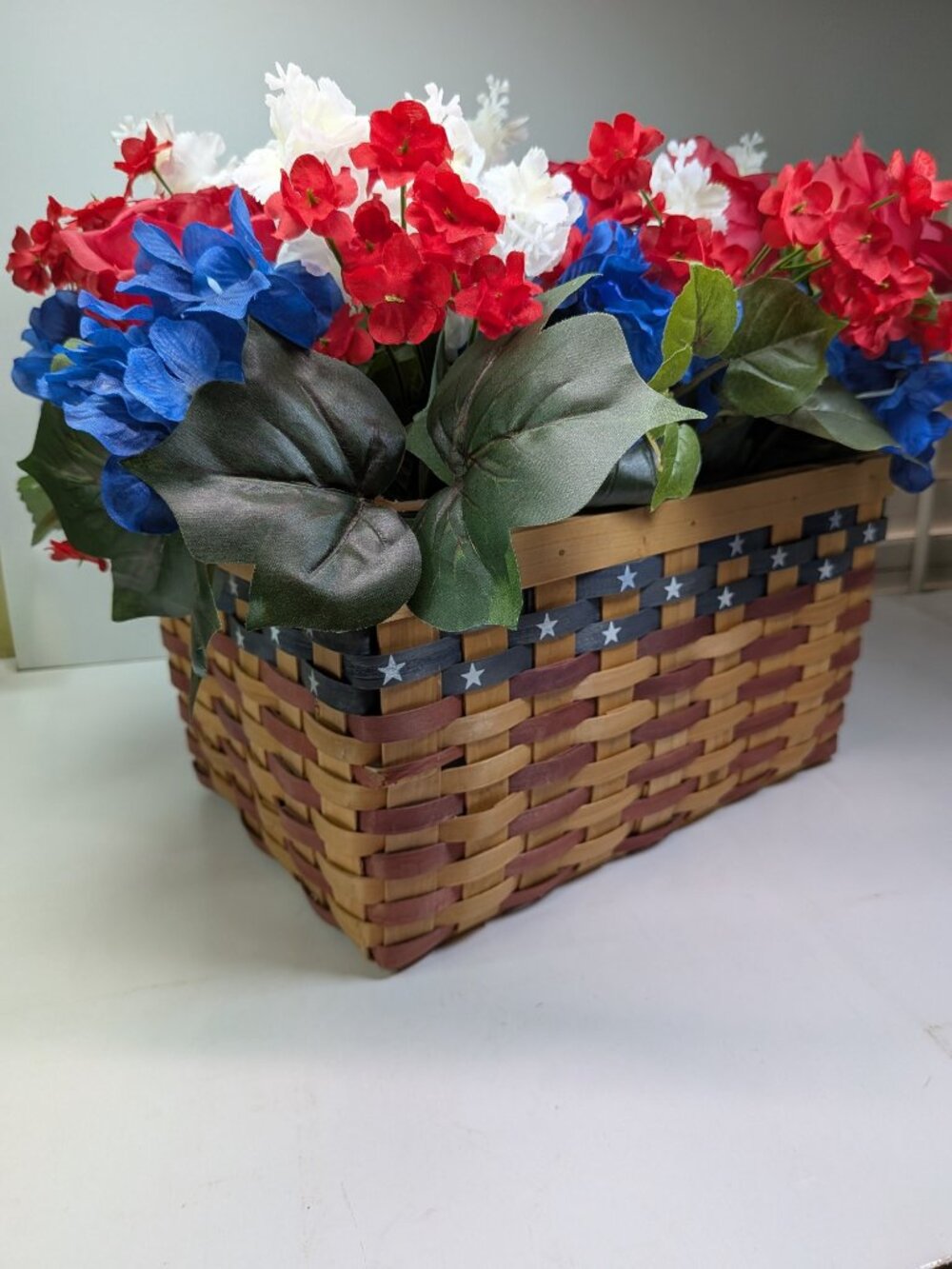 Vintage Patriotic Woven Wood Floral Basket Centerpiece Red White Blue 4th July